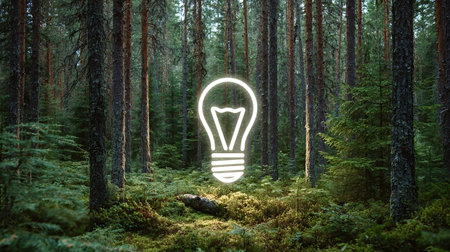 Glowing light bulb in a verdant pine woodland symbolizing sustainable innovation and green energy solutions, environmental awareness, and nature inspired conservation ideasの写真素材