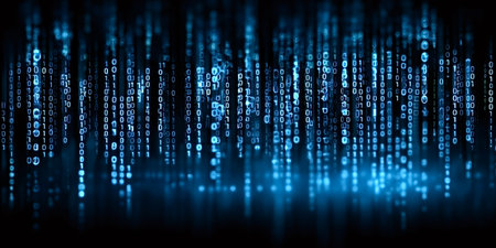 Digital data stream of glowing blue binary code numbers falling on a reflective surface, representing concepts of technology, cybersecurity, programming, and global network connectionsの写真素材