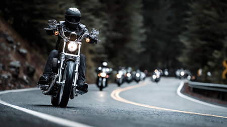 Group of riders on cruiser motorcycles navigating a winding road through a dense forest, conveying concepts of freedom, adventure, and the open road journeyの写真素材