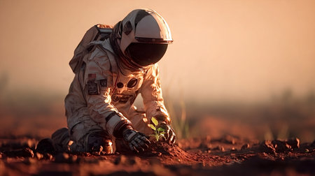 Astronaut in a space suit kneeling on mars, planting a vibrant green seedling in red dust, symbolizing hope, terraforming and future human colonization under an orange skyの写真素材
