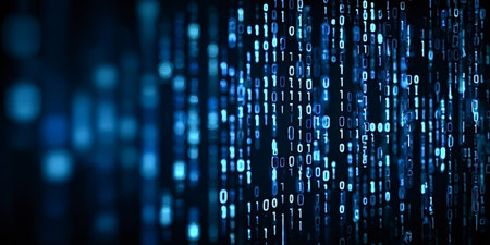 Binary code numbers stream vertically on a dark blue background, visualizing abstract data...
