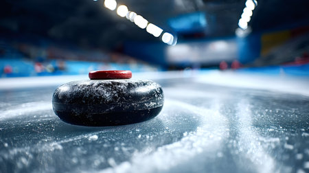 Curling stone resting on the textured ice surface of a professional rink during a winter sport competition, highlighting precision and strategy in the gameの写真素材