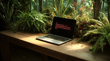 Laptop showing code on a dark mode screen sits on a rustic wooden table surrounded by lush greenhouse plants and sunlight, blending technology with sustainable growth and workの写真素材