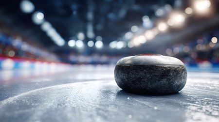 Curling stone sits on the textured ice surface of an indoor arena, capturing the essence of intense...