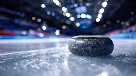 Curling stone on textured ice in an empty arena, close up low angle highlighting precision, strategy...