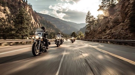 Motorcyclists riding on a scenic mountain highway, enjoying a road trip and the open road with speed blur indicating motion and adventure under a clear skyの写真素材