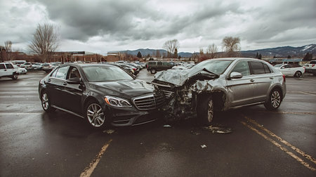 Two damaged cars showing significant front end destruction from a collision in a wet parking lot under an overcast sky, representing themes of danger and vehicle insurance claimsの写真素材