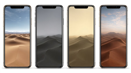 Four modern smartphones in a row displaying colorful desert sand dune wallpapers, showcasing varied warm tones and landscape gradients on isolated white studio backgroundsの写真素材
