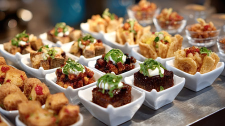 Assorted appetizers, canapes, and hors d'oeuvres arranged neatly in rows of small white ceramic...