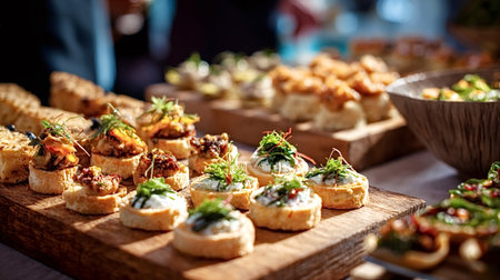 Gourmet canapes and hors d'oeuvres on rustic wooden boards, assorted small bites and finger foods arranged for a catering event, buffet or social gathering, close up displayの写真素材
