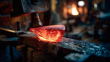 Hot metal bar being shaped with a power hammer on an anvil, creating a dynamic visual of sparks flying during the intense industrial forging process in a dark workshop environmentの写真素材