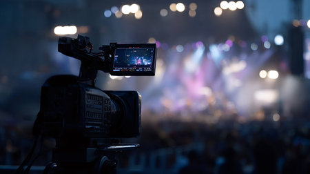 Professional video camera recording a vibrant music concert on stage with colorful light beams and a...