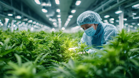 Scientist wearing protective gear inspecting flourishing cannabis plants in a controlled indoor farm, focusing on plant health and research for pharmaceutical applicationsの写真素材