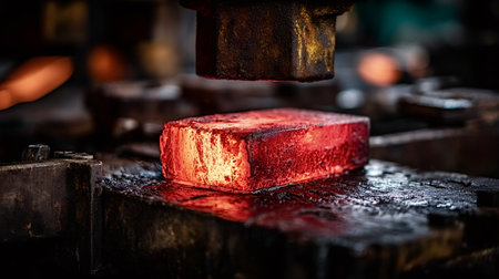 Glowing hot steel block undergoing intense forging process under a powerful hydraulic press, demonstrating heavy industry, metallurgy, and the manufacturing of durable materialsの写真素材