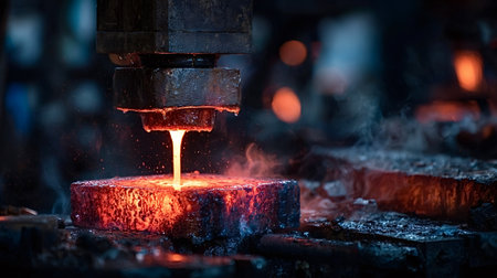 Molten red hot liquid metal pouring from a machinery press into a glowing steel ingot, forging and...