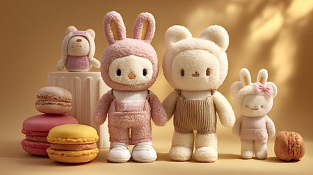 Adorable plush animal toys, including bunnies and bears, holding hands and standing beside stacks of...