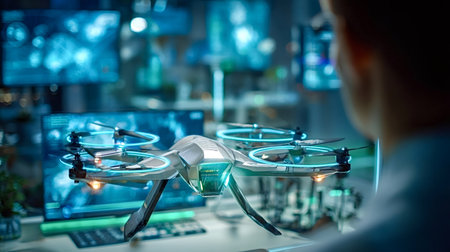 Engineer observing a modern quadcopter drone with illuminated components, symbolizing innovation, artificial intelligence, and advanced robotics development in a high tech research facilityの写真素材