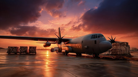 C 130 hercules transport on a tarmac at dramatic red orange sunset, cargo pallets being...
