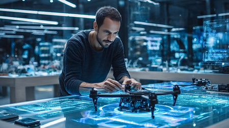 Male engineer working on a drone at an advanced research laboratory, surrounded by holographic...