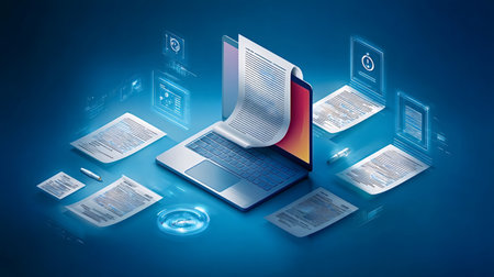 Laptop processing digital documents, showcasing efficient electronic data management, cloud computing, and secure information storage for business workflows in a futuristic blue toned environmentの写真素材