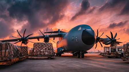 Airbus a400m atlas military transport aircraft parked on an airport tarmac at sunset, with palleted cargo containers ready for loading, illustrating global logistics and strategic airfreightの写真素材