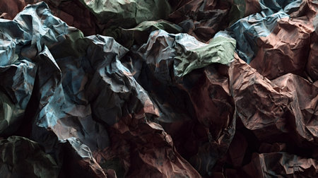 Textured crumpled paper in blue green and terracotta hues, full frame abstract terrain with dramatic light and shadow suggesting rugged rock formations and mountain like reliefの写真素材
