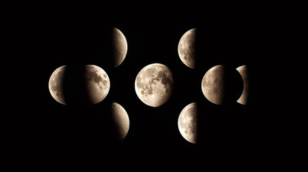 Lunar cycle showcasing different phases of the moon in a sepia tone, representing a symbol of time, astronomy, and cosmic harmony in a dark outer spaceの写真素材