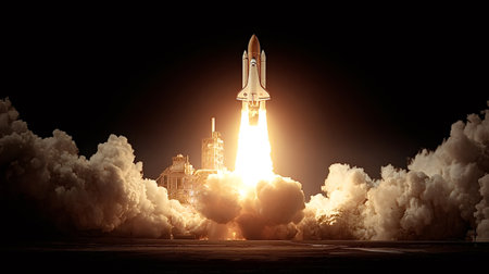 Space shuttle ascending into a dark sky, launching from the ground with powerful engine flames and...