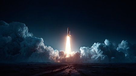 Rocket launching into the night sky, producing clouds of thick smoke and bright orange flame,...