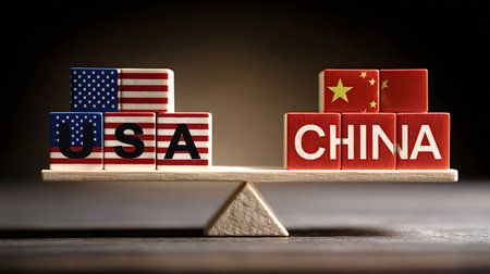 USA and China wooden blocks with flags balance on a seesaw, symbolizing economic rivalry, trade relations, diplomacy and shifting global power between the two nationsの写真素材