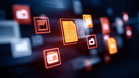 Digital files, documents, and folders moving electronically through an abstract dark network space, representing data transfer, cloud computing, and information management conceptsの写真素材