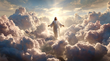 Jesus christ with outstretched arms rising through a vibrant sky filled with soft clouds and brilliant divine light, symbolizing ascension, resurrection, faith, and spiritualityの写真素材