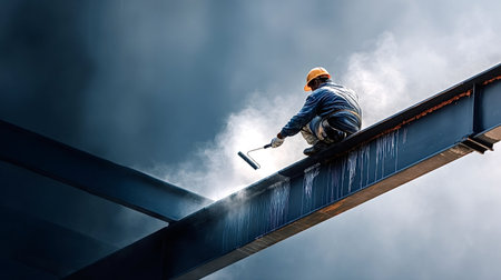 Construction worker wearing hard hat and protective clothing painting a large steel beam with a roller, performing high altitude work on a building site against a dynamic skyの写真素材