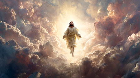 Jesus christ rises towards a bright light in the sky surrounded by warm, dramatic clouds,...