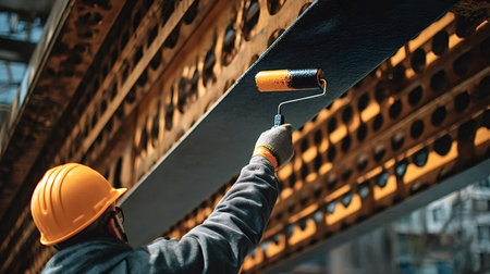 Industrial worker wearing a hard hat and gloves is applying black protective paint to a large steel beam with a roller for maintenance and new constructionの写真素材