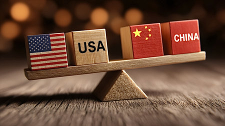Wooden blocks representing usa and china balancing on a seesaw, symbolizing a delicate equilibrium in international trade, political power, and global economic relations between the two countriesの写真素材