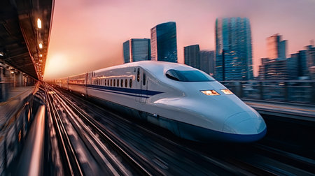 Shinkansen bullet train speeding along a railway track, passing modern city skyscrapers in Tokyo...