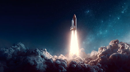 Space shuttle ascending through a trail of smoke and glowing fire, heading towards the dark blue star filled cosmos, illustrating space exploration, ambition, and technological progressの写真素材