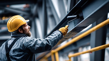 Worker in hard hat and gloves rolling black paint onto a steel beam during industrial maintenance at a construction site, focused on repair and protective coatingの写真素材