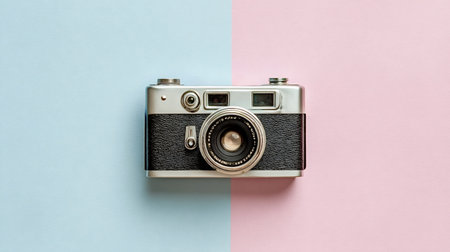 Vintage rangefinder camera laying flat on a pastel blue and pink split background, representing old technology, nostalgia, and a minimalist design aesthetic for creative projectsの写真素材