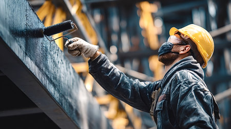 Skilled worker wearing a hard hat, safety glasses, mask, and work gloves, applying black paint to a large industrial metal beam using a paint roller at a construction siteの写真素材