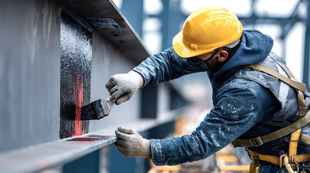 Construction worker wearing hard hat, safety harness, and mask applying black rust preventative paint to a steel h beam structure at a construction site, ensuring protection and building durabilityの写真素材