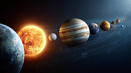 Solar system planets orbiting the sun in a dark starfield, showing mercury through neptune on...