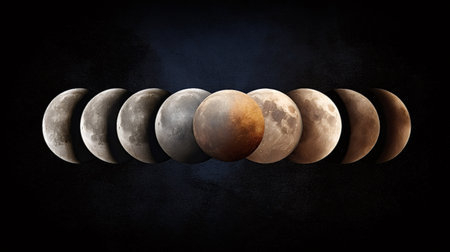 Moon passing through various phases during a total lunar eclipse, creating a beautiful sequence of a...