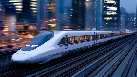 High speed bullet train traveling along multiple railway tracks with motion blur, passing modern...