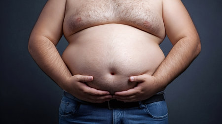 Overweight man standing against a gray background, holding his large belly with both hands, symbolizing obesity, unhealthy eating habits, body image concerns, and the need for diet or exerciseの写真素材