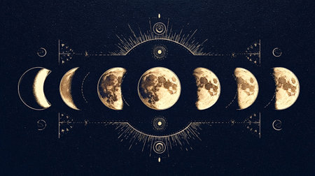 Moon phases arranged in a golden celestial pattern on a dark starry background, evoking astrology, lunar cycle, mysticism and vintage esoteric symbolism for design and meditationの写真素材
