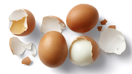Brown chicken eggs displaying various states, including whole raw, cracked with yolk, and peeled...