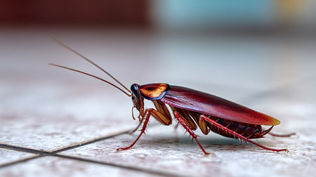 Cockroach crawling across textured ceramic tile floor in tight macro close up, highlighting long...