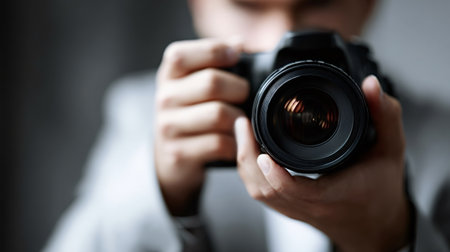 Person holding a black professional dslr camera with a focus on the lens, actively observing and capturing a moment, representing the art and passion of photographyの写真素材